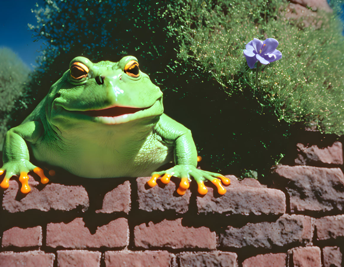 Green frog on brick wall with orange feet, purple flower, and green shrubbery