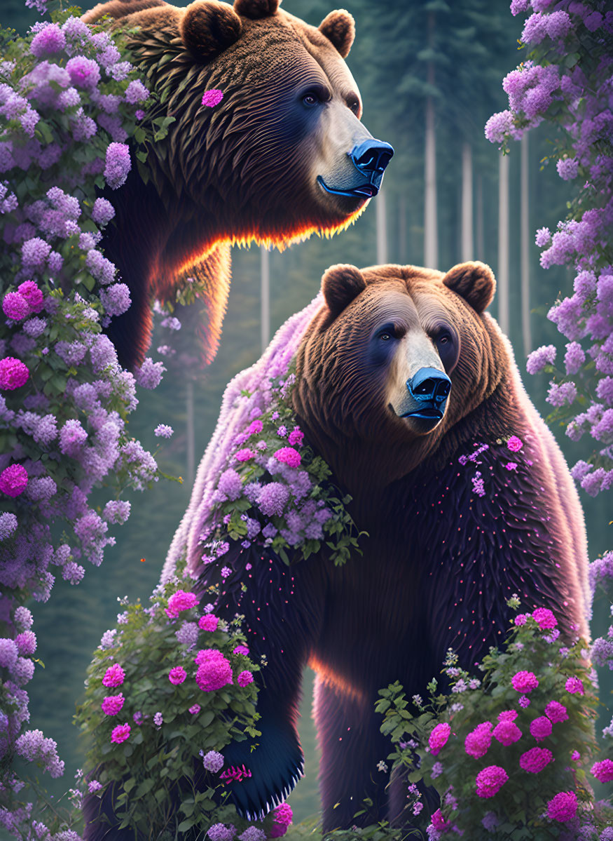 Brown bears with purple flowers in misty forest landscape