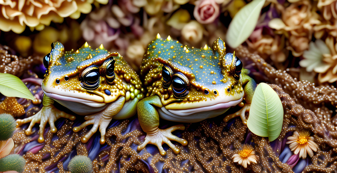 Ornate gold-speckled frogs amidst brown and golden floral scene