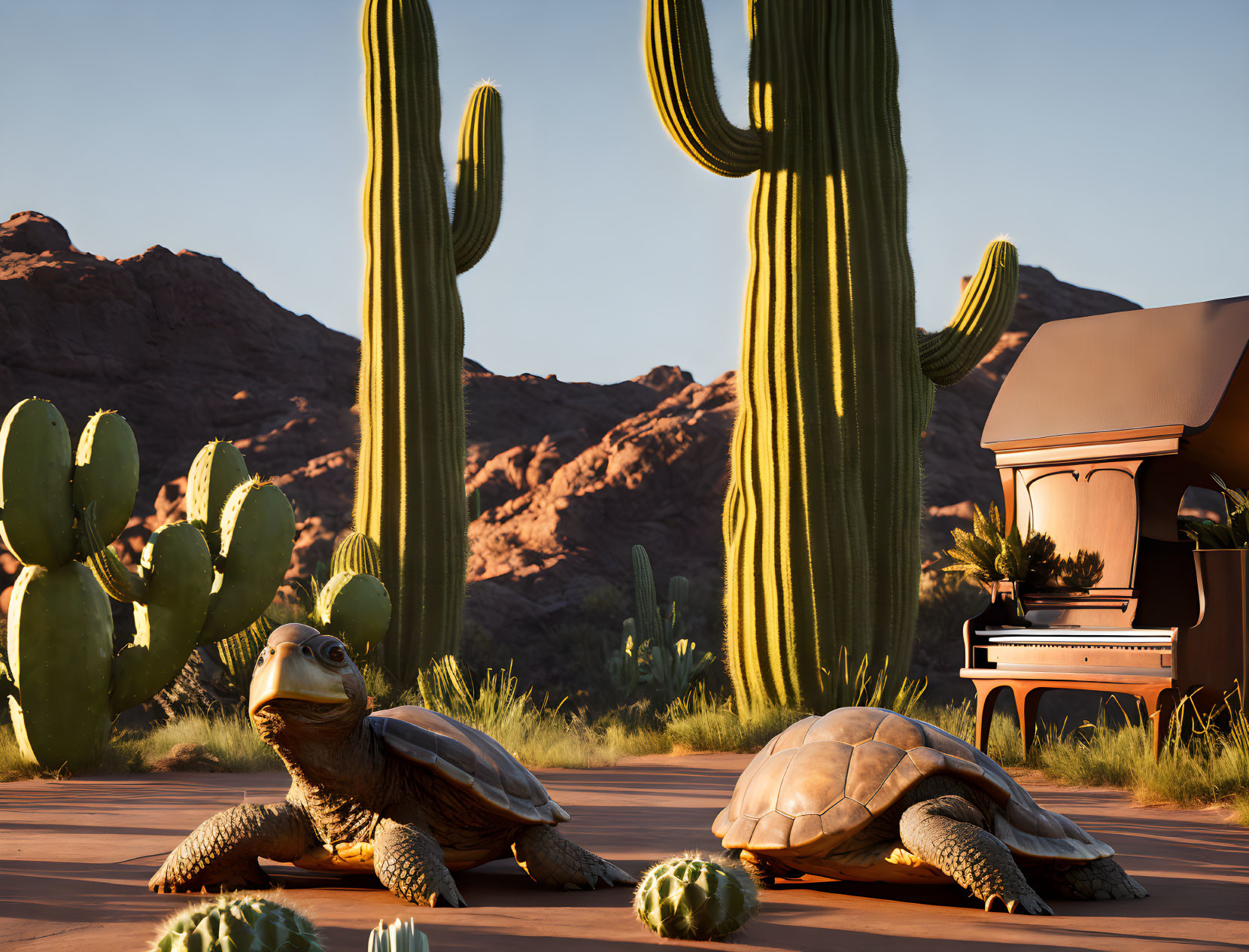 Sunlit Desert Path with Two Tortoises and Cacti Background