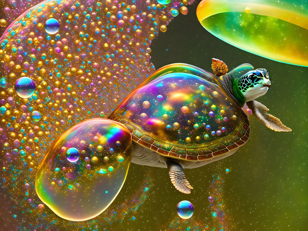 Colorful Digital Artwork: Turtle with Cosmos Shell and Vibrant Bubbles