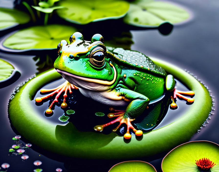 Vivid Green Frog with Orange Toes on Lily Pad in Tranquil Water