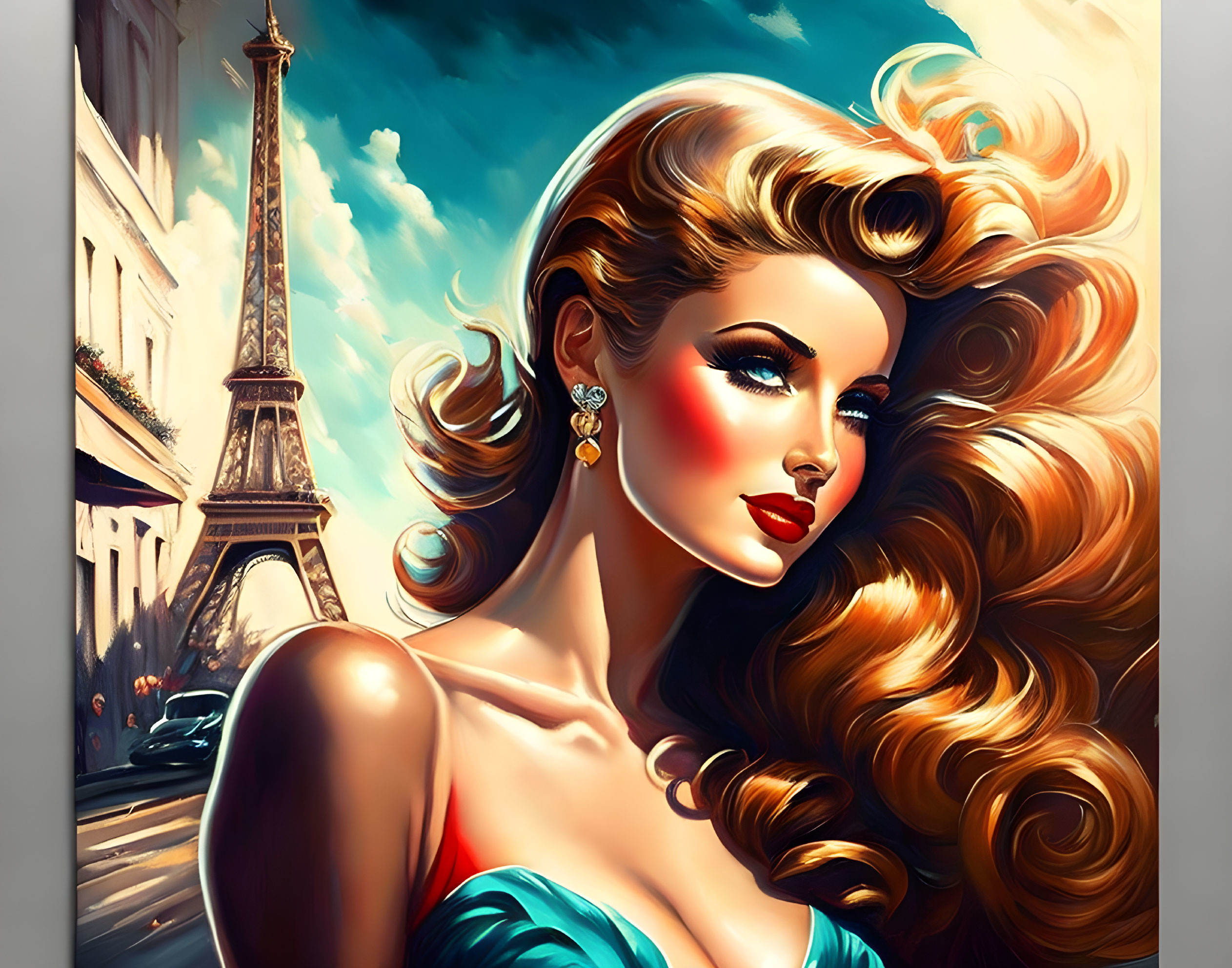 Glamorous woman with flowing hair in blue dress, Eiffel Tower background