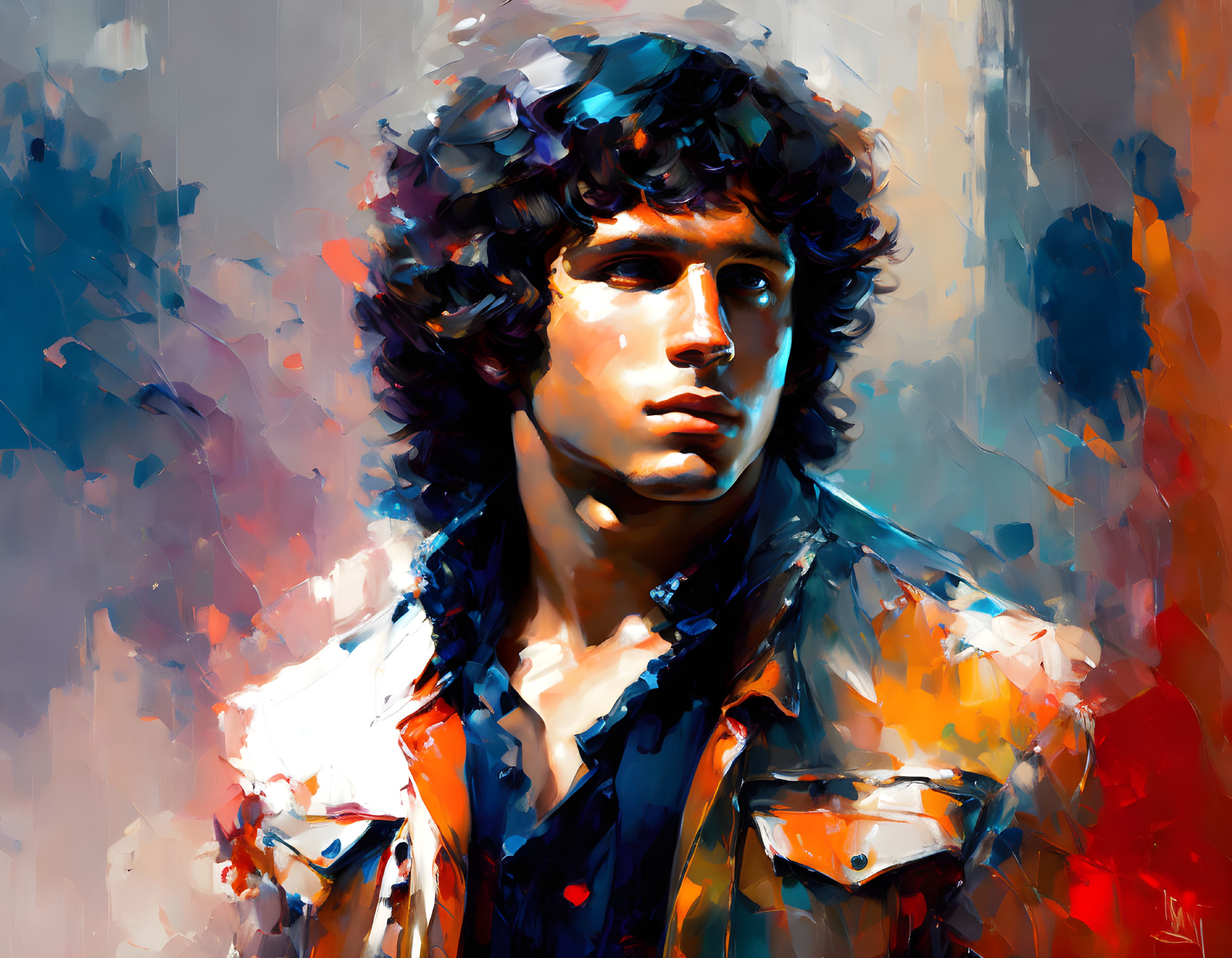 Vibrant painting of young man with curly hair on colorful background