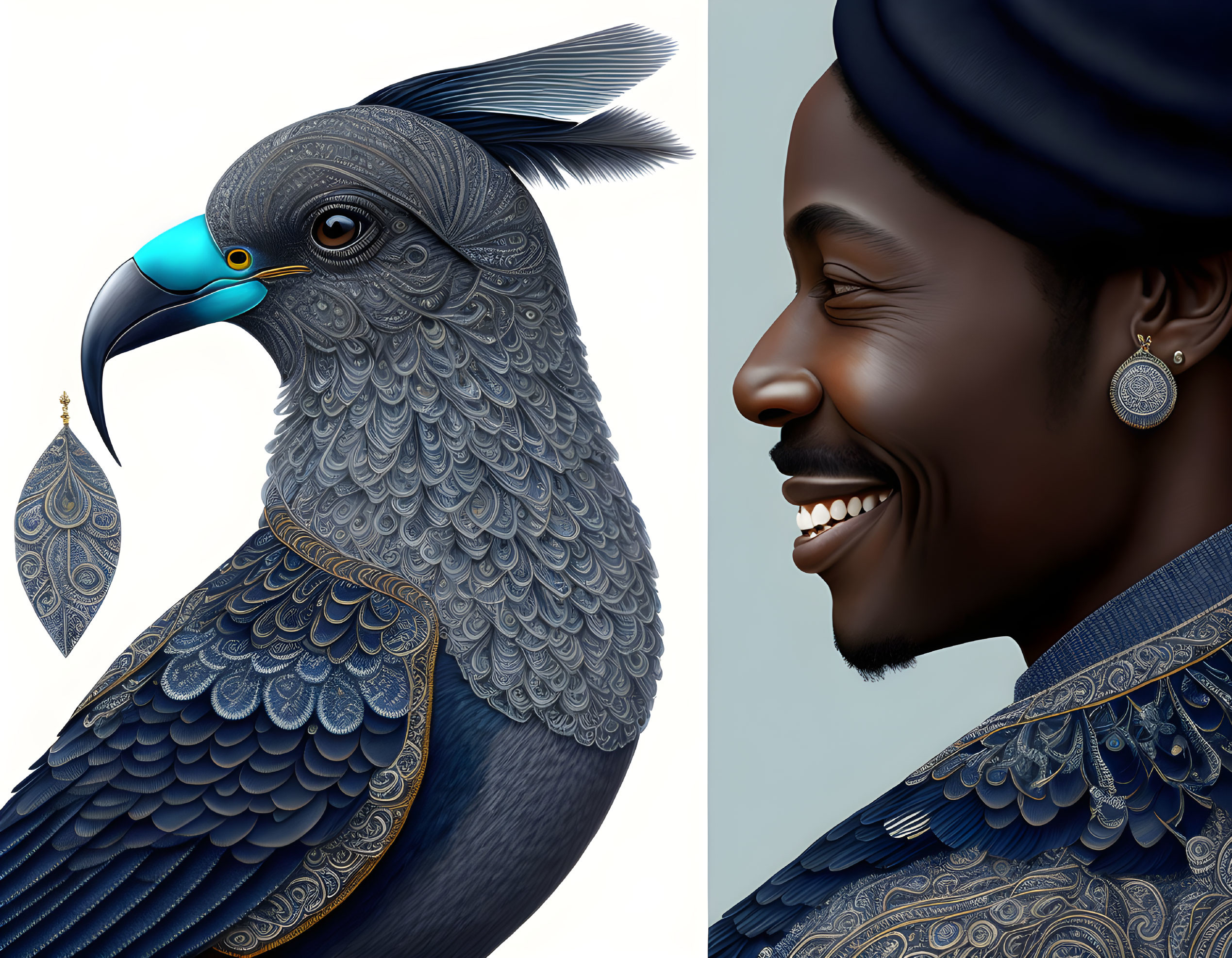 Stylized eagle and smiling man in blue and grey tones