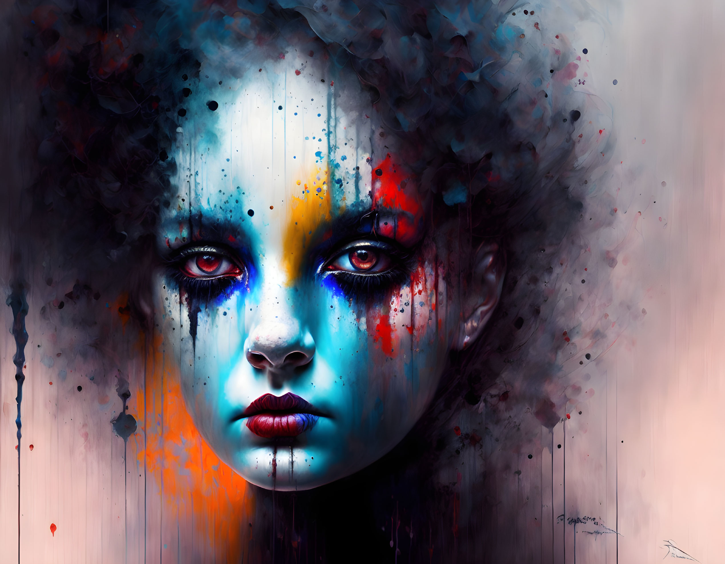 Vivid digital portrait of a woman with blue and red splashes on dark background