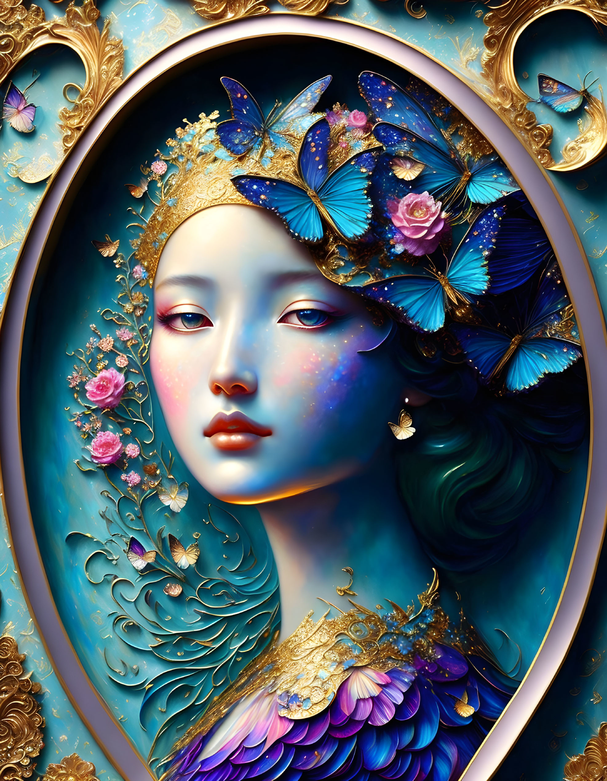 Detailed Illustration: Woman with Blue Butterflies and Golden Floral Adornments