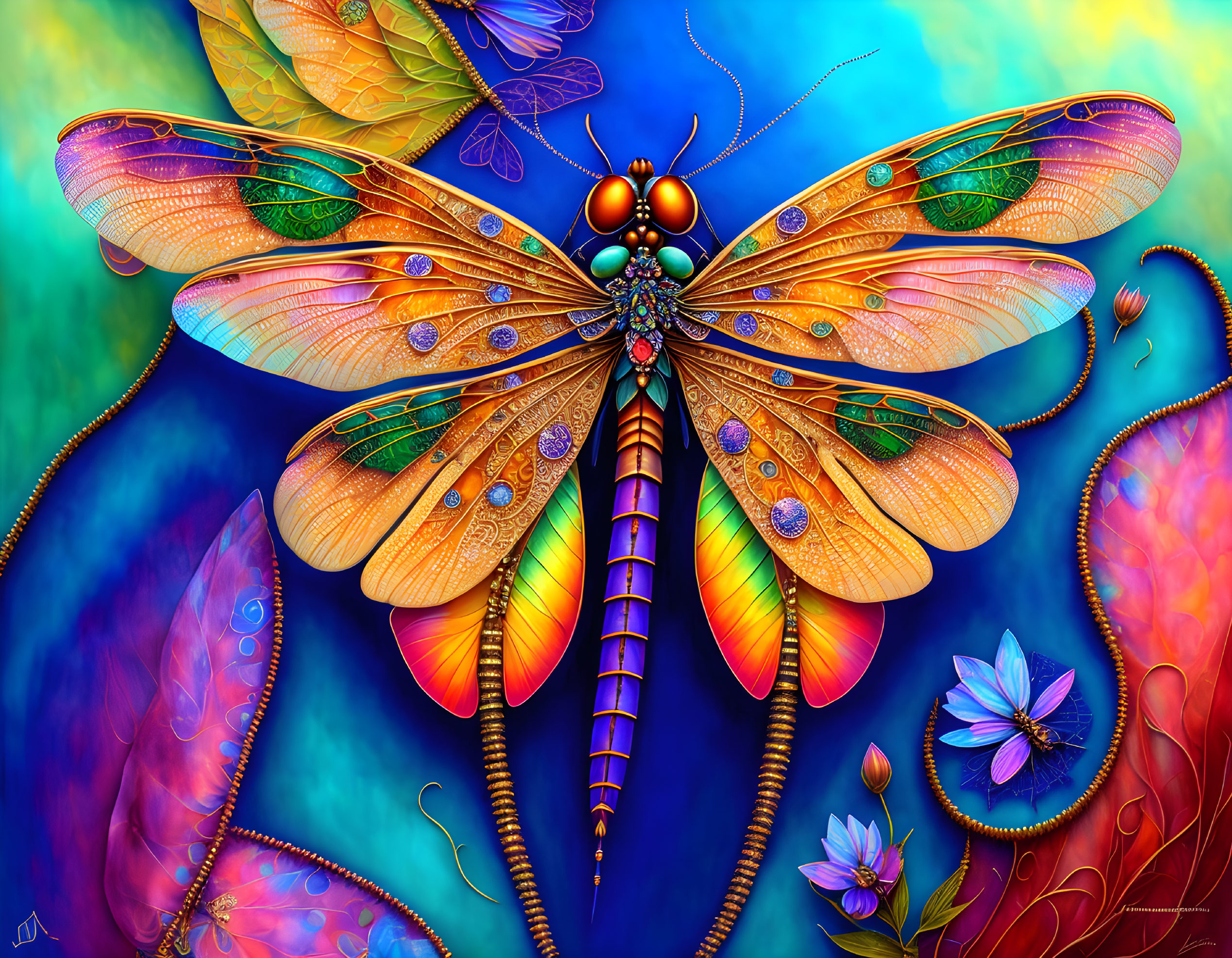 Colorful Dragonfly Illustration with Detailed Wings on Blue Butterfly Background