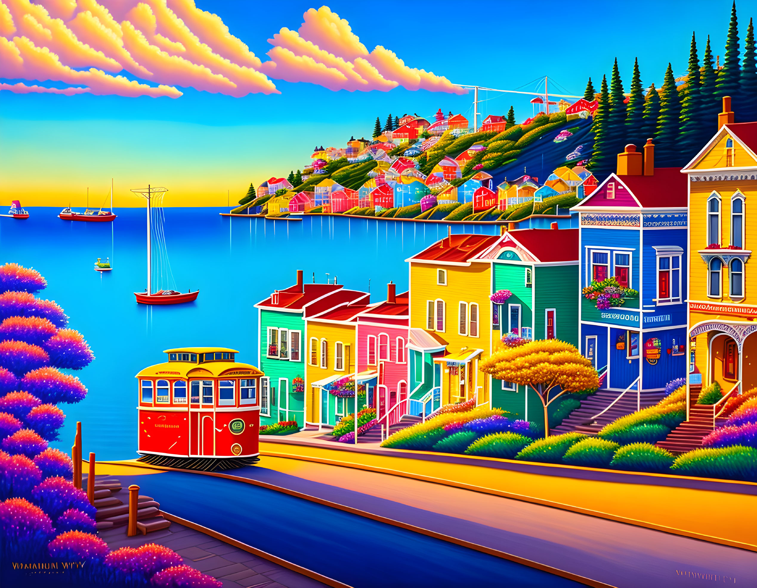 Vibrant seaside village with vintage tram, colorful buildings, and calm blue bay