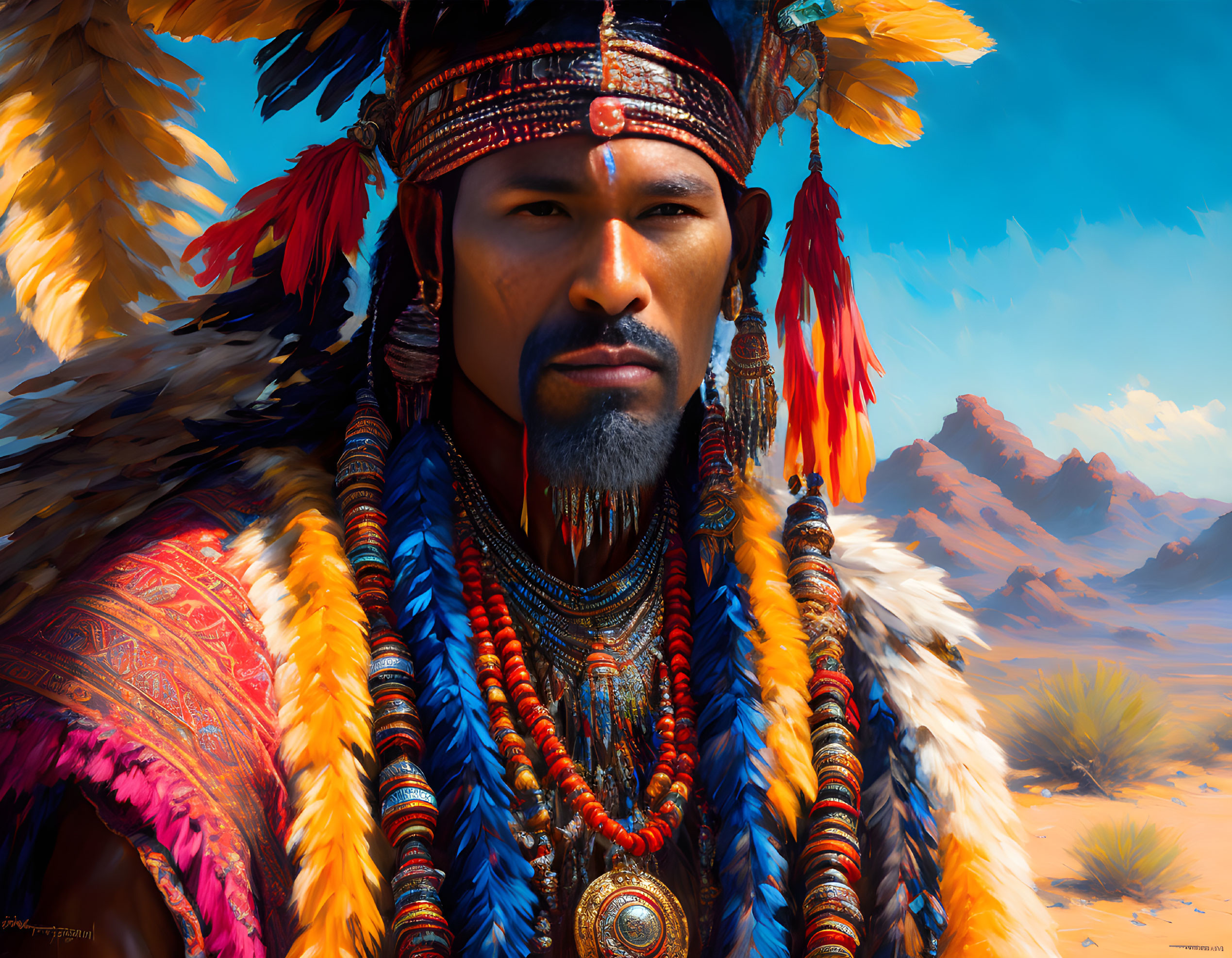 Vibrant Native American attire portrait in desert backdrop