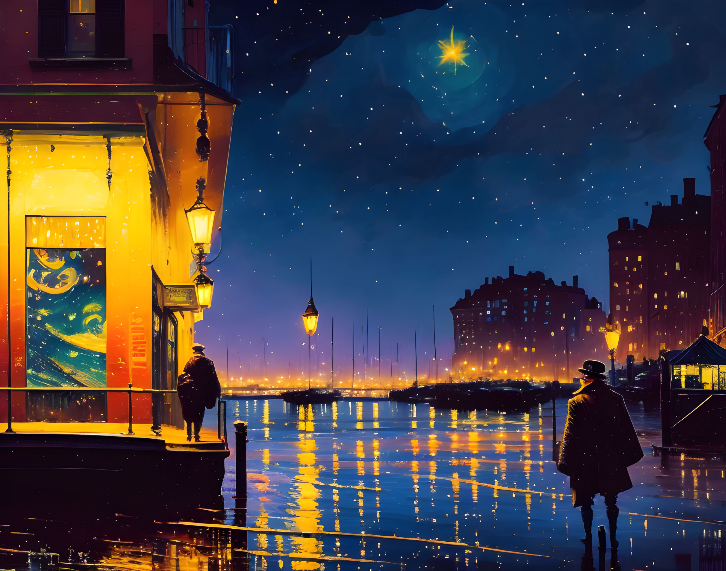 Person by lamppost on rainy night near harbor with boats and starry sky, café with Van