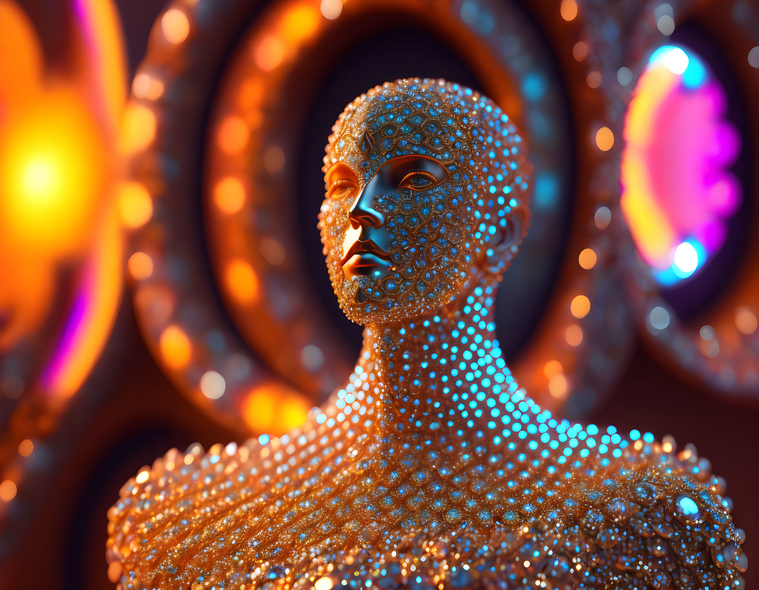 Metallic humanoid bust with intricate patterns under colorful ambient lighting