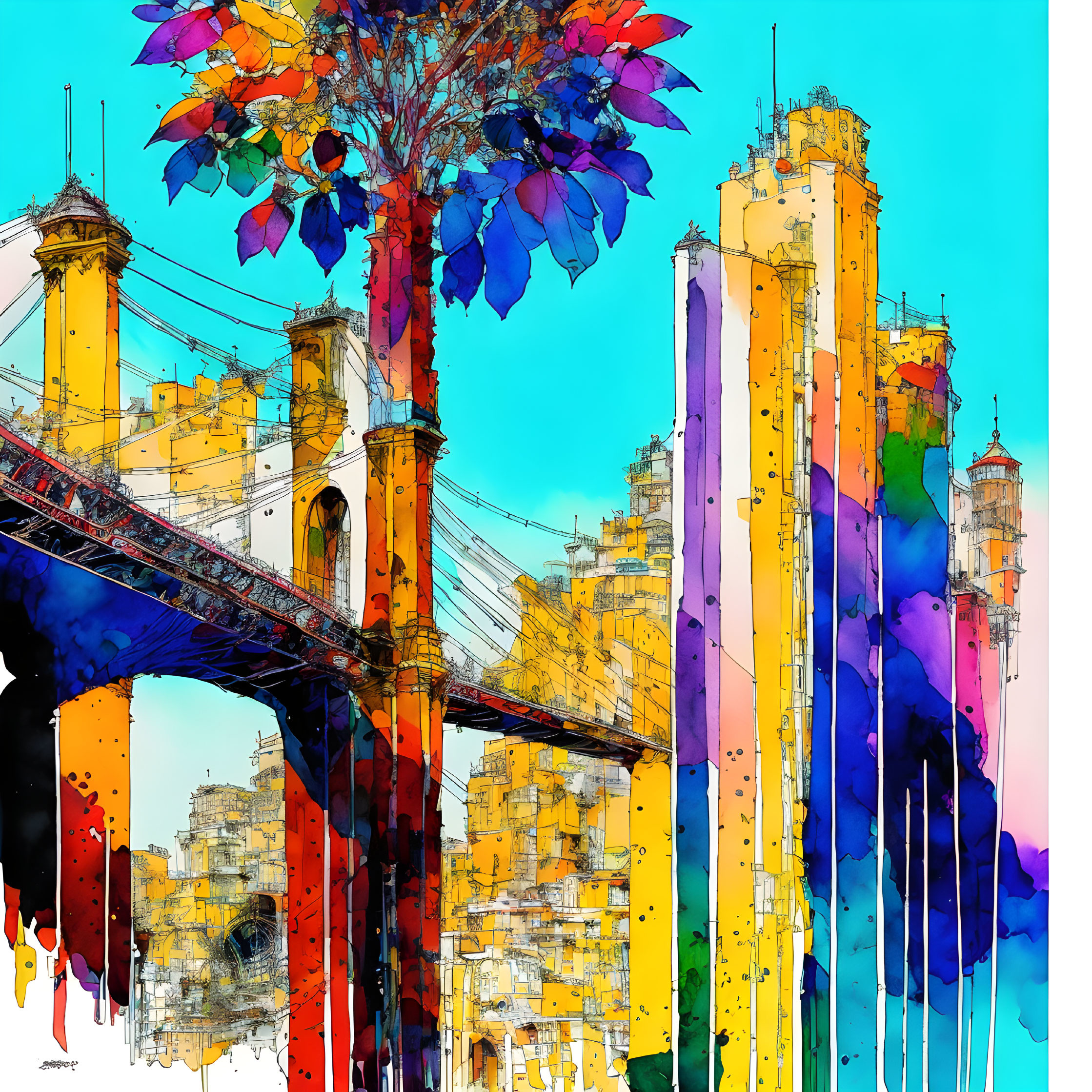 Colorful abstract cityscape with bridge in vibrant, dripping colors