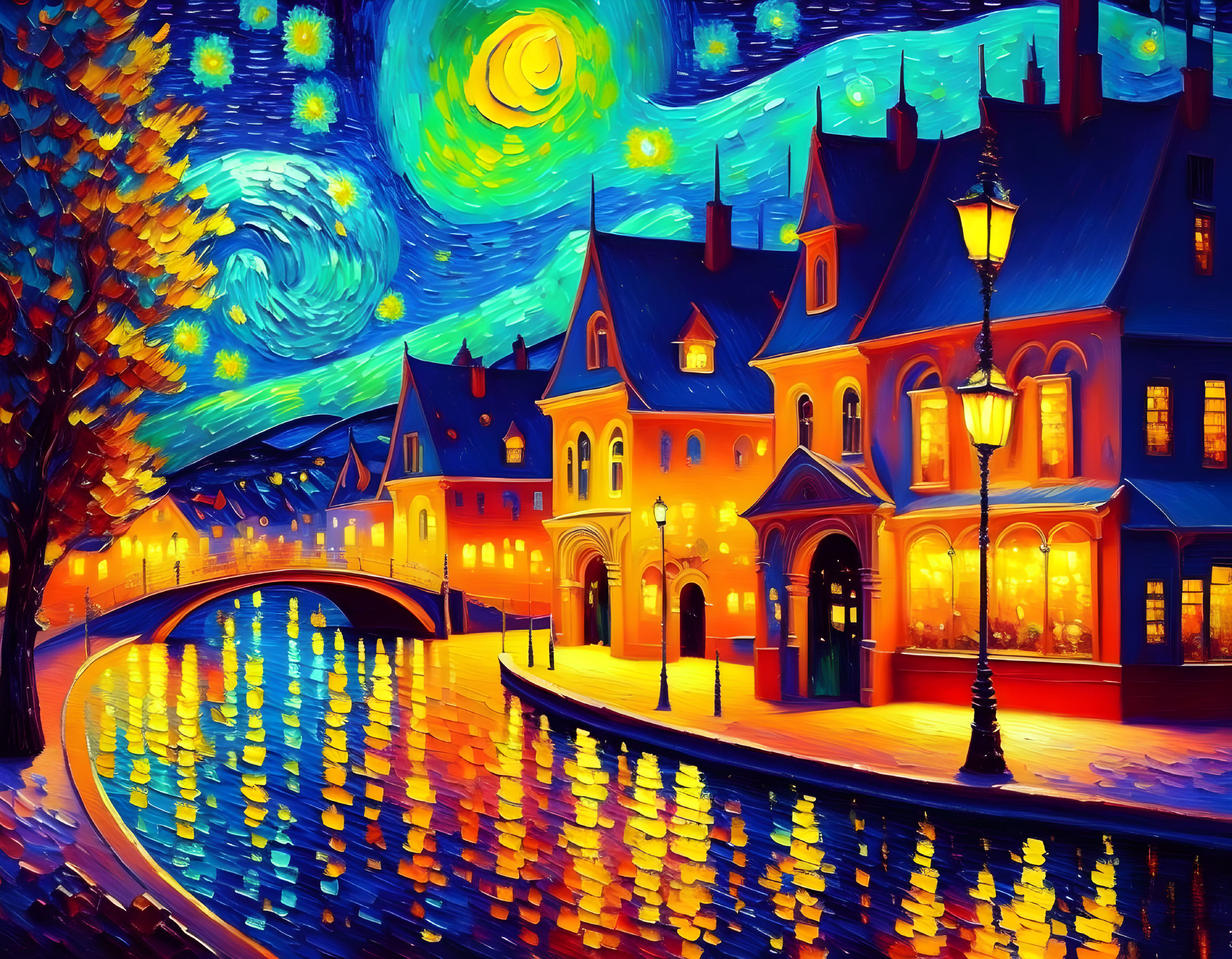 Starry Night Sky Painting Over Riverside Town