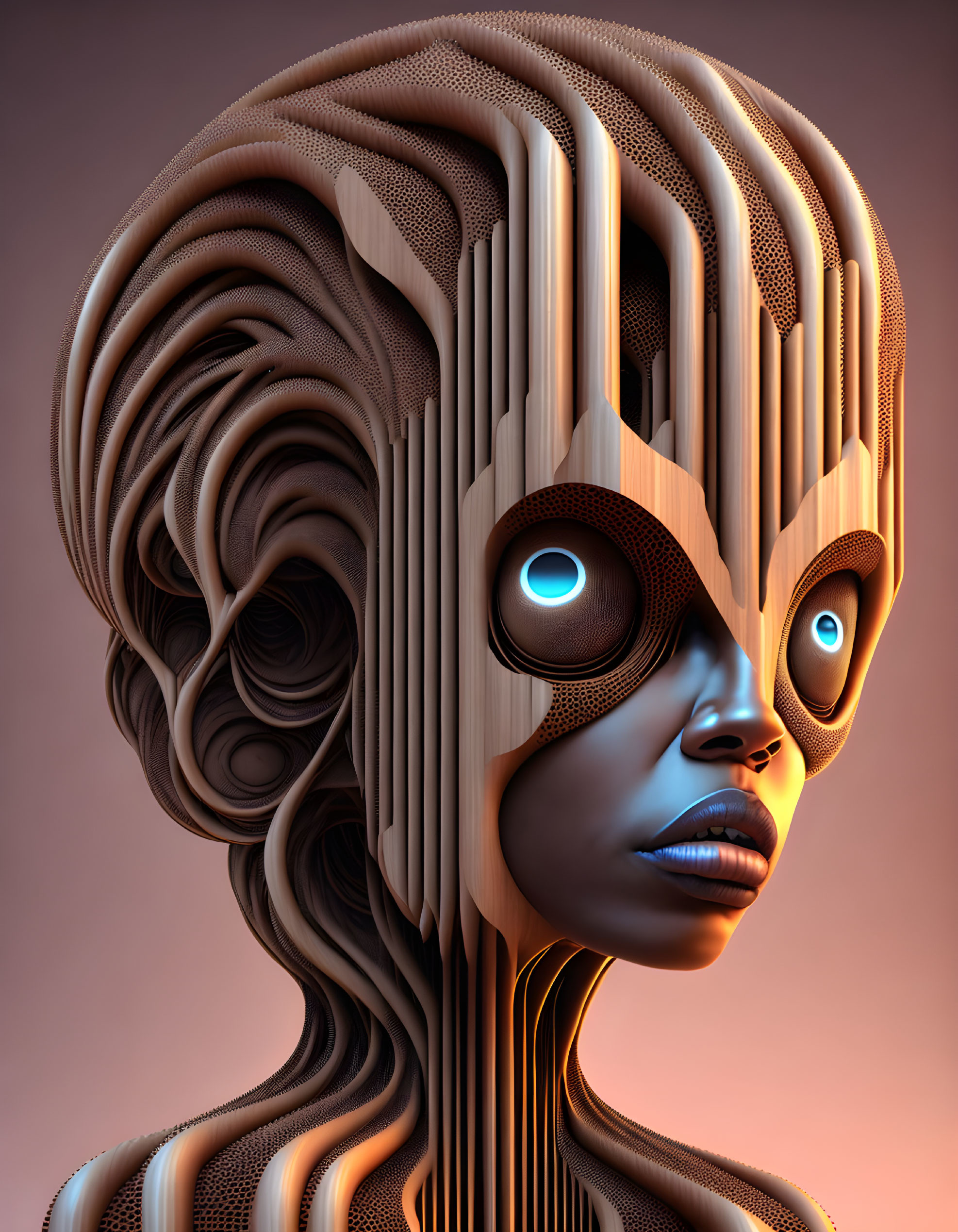 Surreal 3D illustration: Stylized female figure with wooden textures & glowing blue eyes