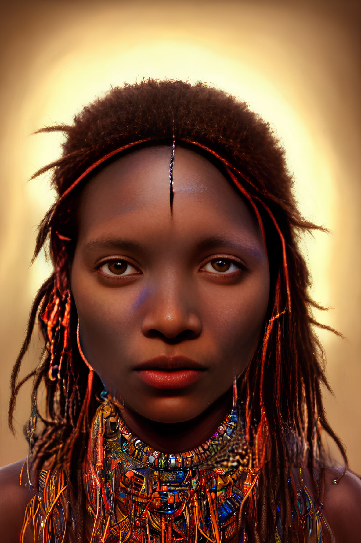 Portrait of Person with Beaded Necklaces and Dreadlocks on Warm-Toned Background