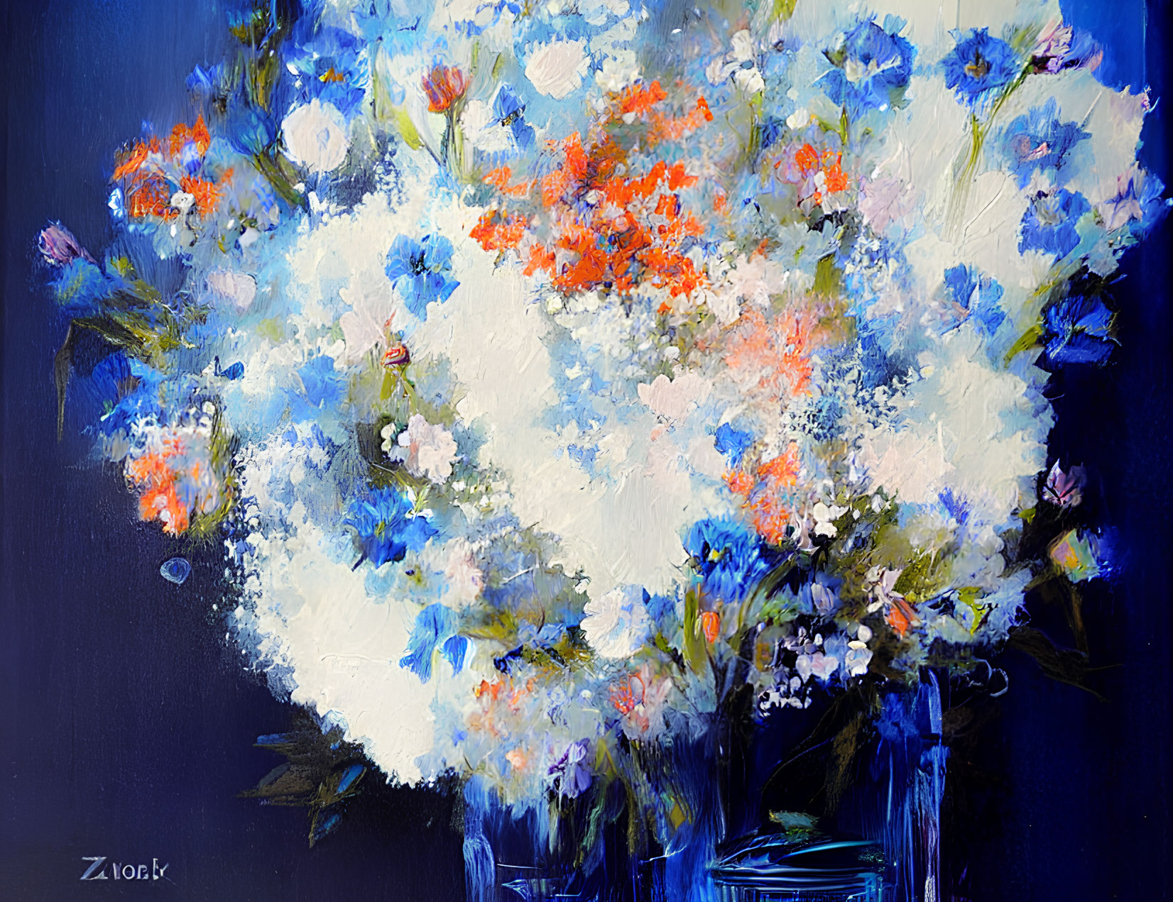 Vibrant bouquet of blue and white flowers on dark blue background by Zior K.