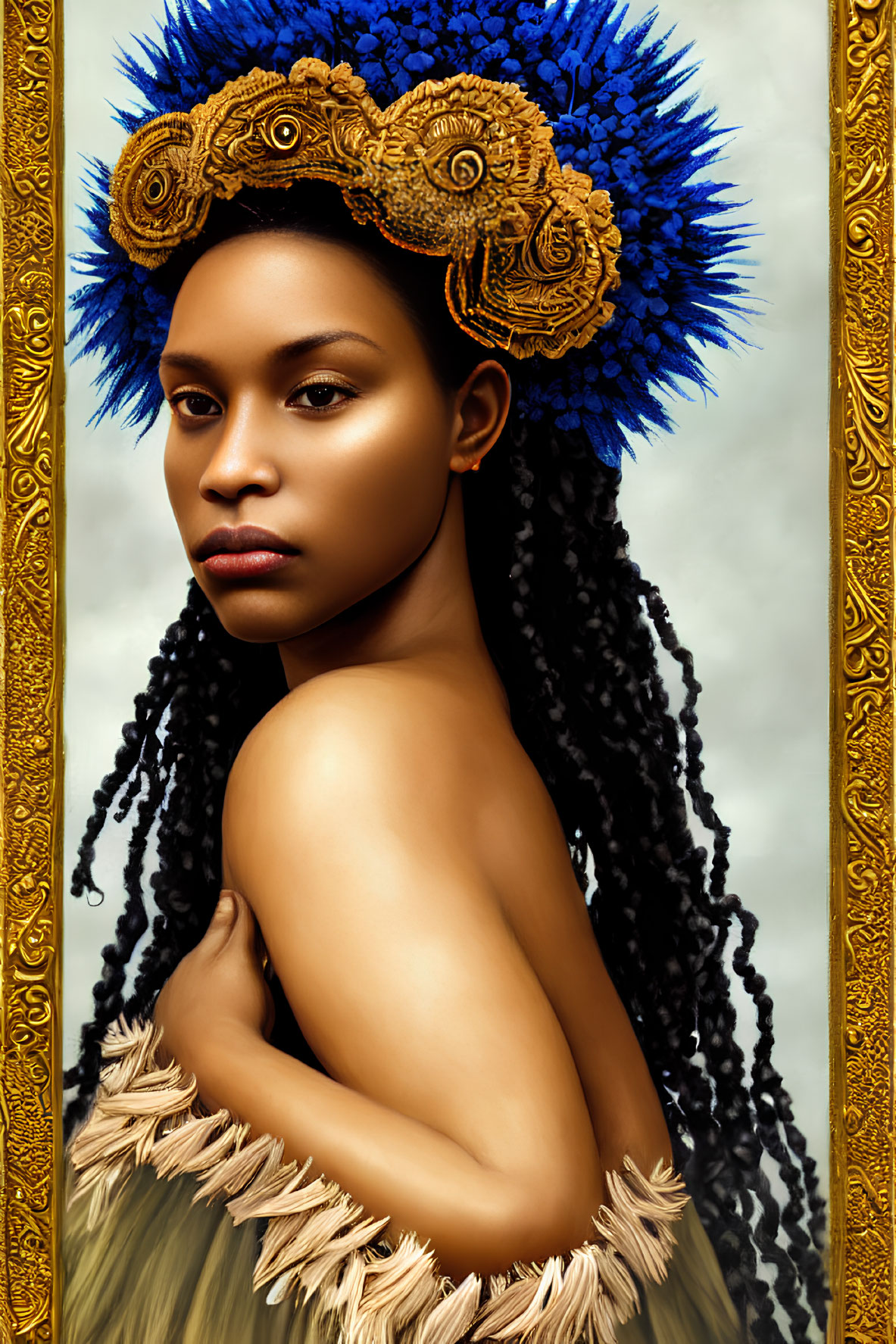 Portrait of a Woman with Braided Hair in Blue and Gold Headpiece