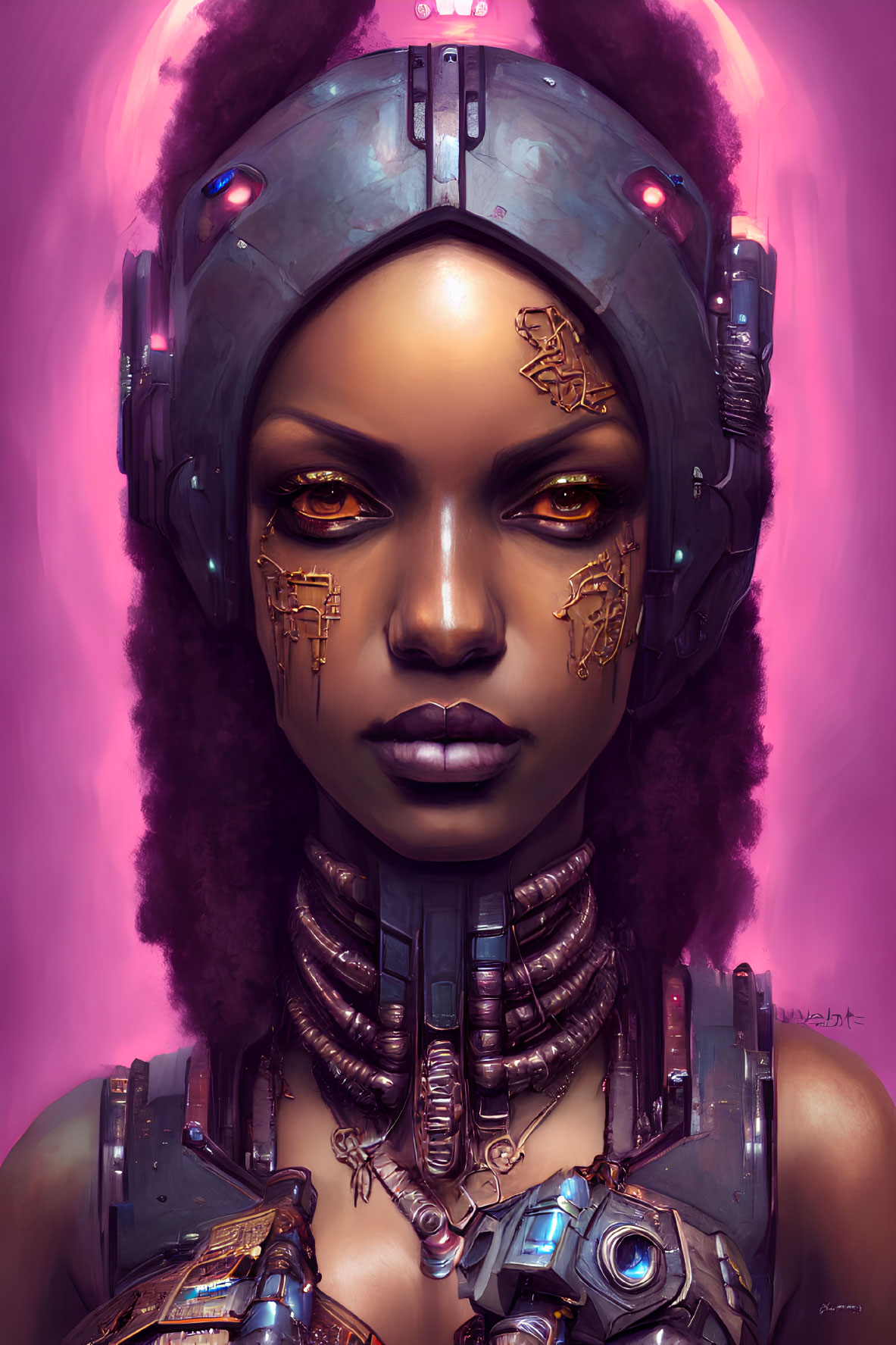 Portrait of Woman with Cybernetic Enhancements and Glowing Eyes