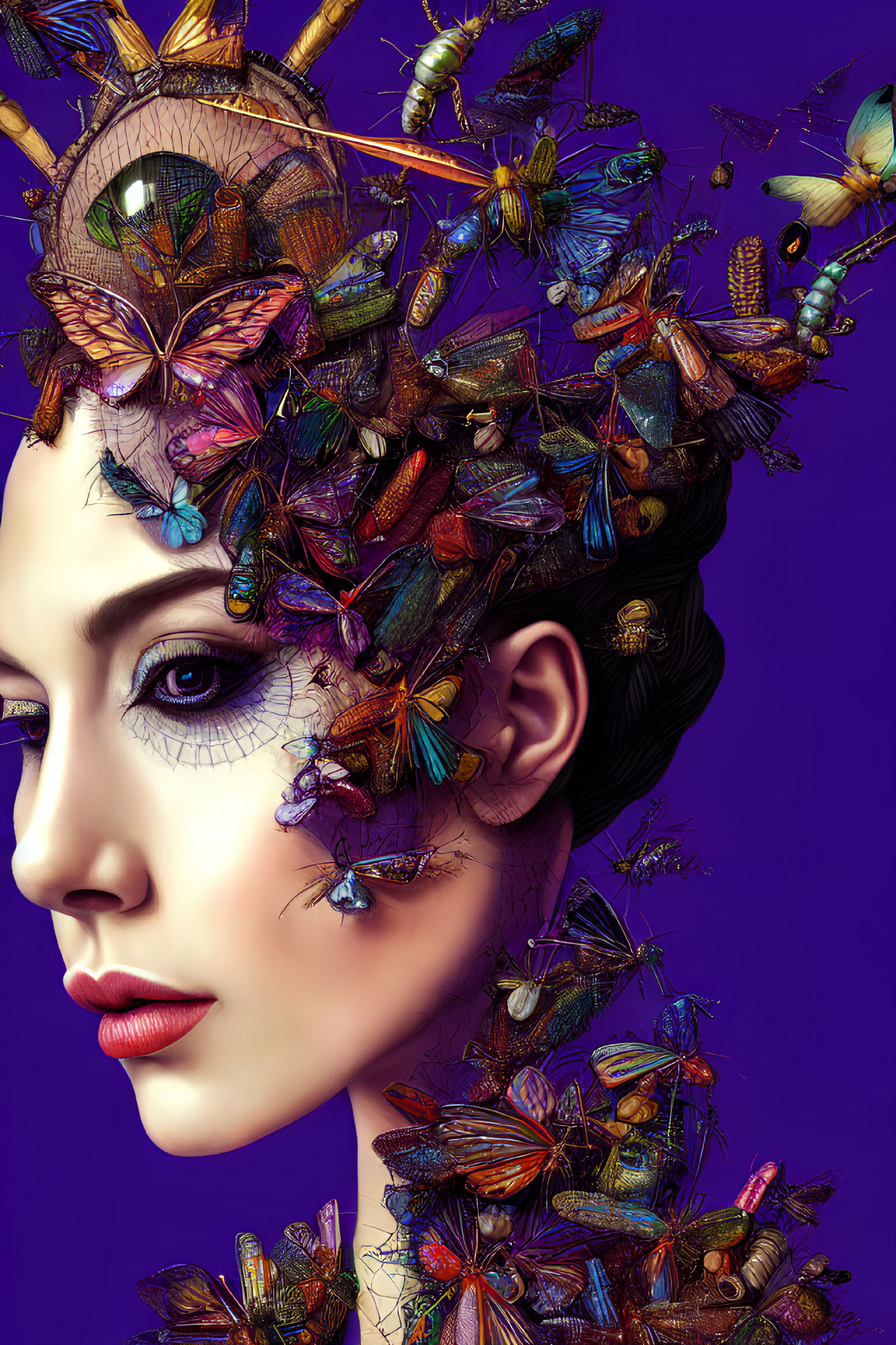 Colorful Butterfly and Beetle Headdress on Woman's Profile Portrait