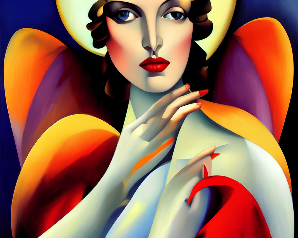 Colorful portrait with red lips, yellow halo, wings, and red cloak on blue background