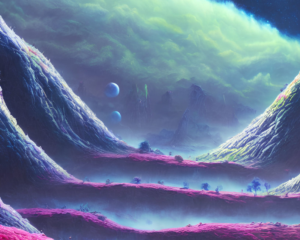 Pink Terrain and Celestial Bodies in Sci-Fi Landscape