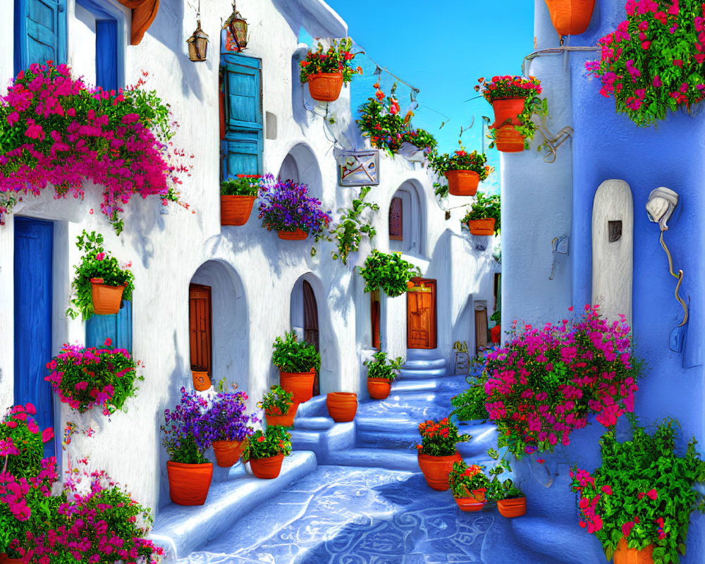 Colorful Alley with Blue Walls, Pink Flowers, and Clear Sky