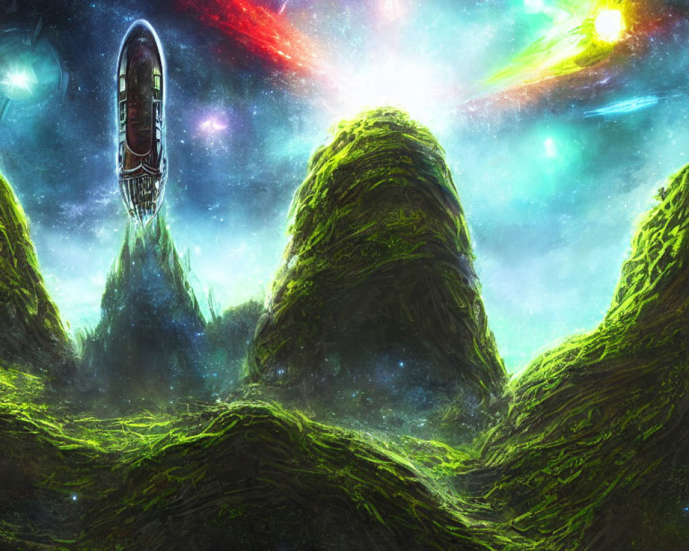 Sci-fi spacecraft emerging from lush green mountains under cosmic sky