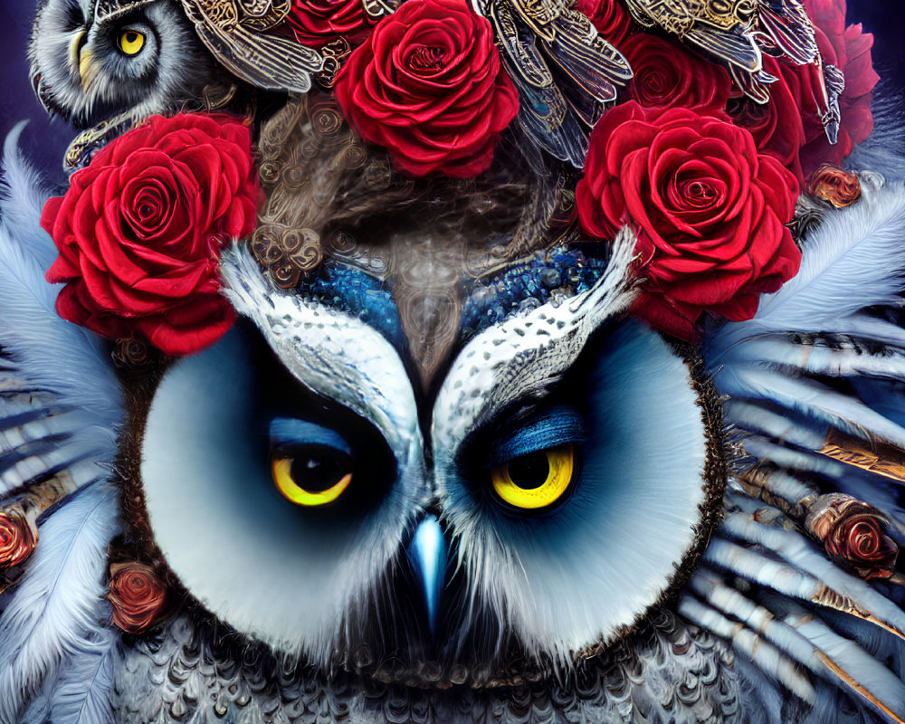 Colorful owl with blue feathers, yellow eyes, roses, and jewelry on dark backdrop