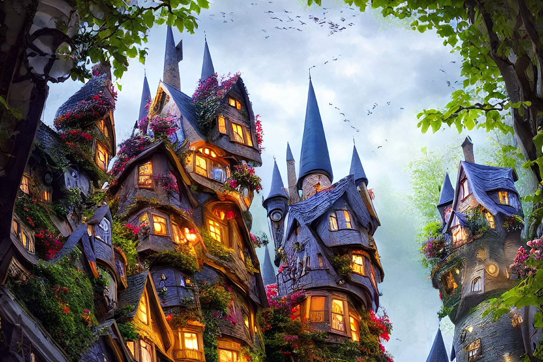 Colorful multi-level fantasy houses in magical forest setting