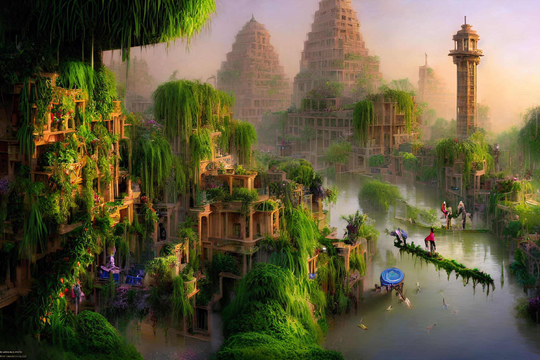 Fantasy landscape with temples, gardens, waterways, and people in traditional attire