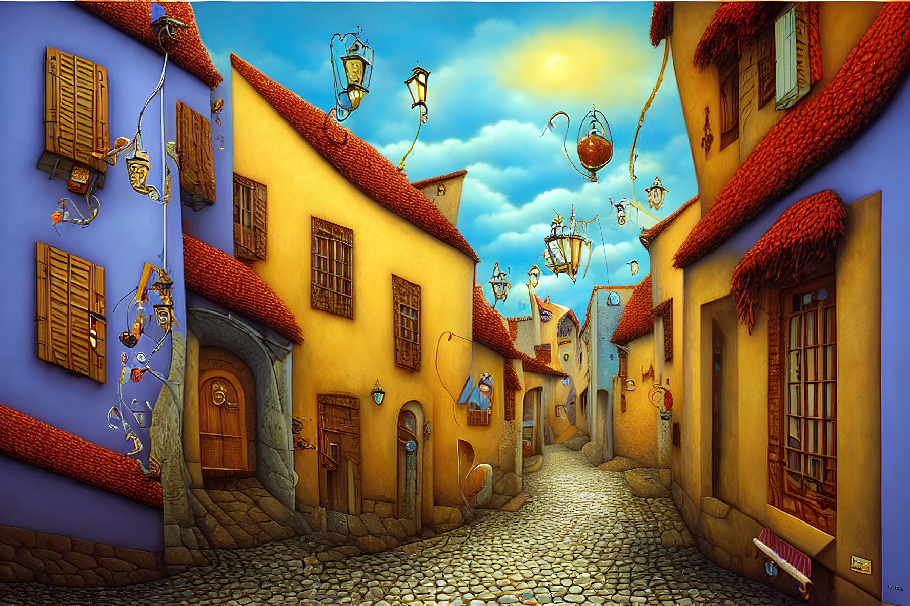 Colorful cobblestone street with charming houses and ornate street lamps