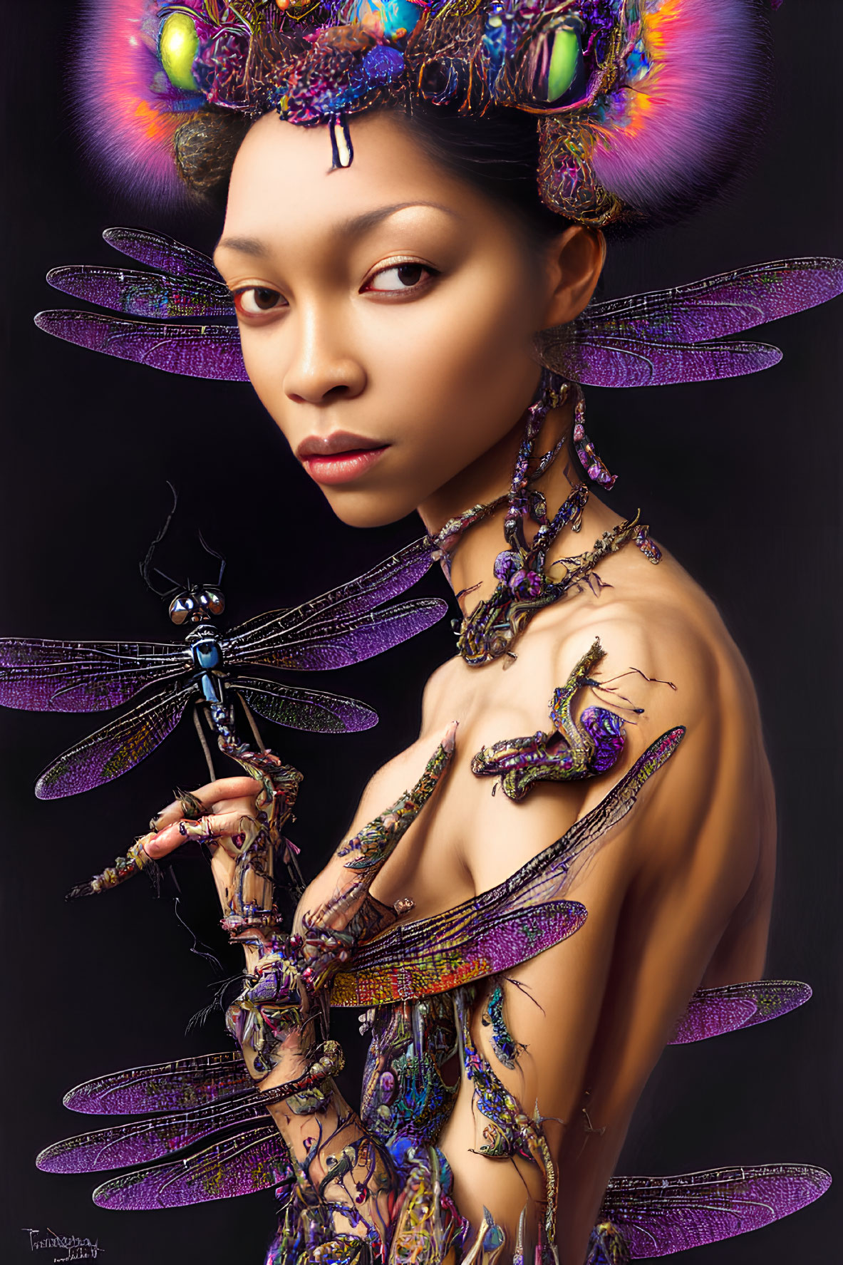 Fantastical woman with dragonfly headpiece and body art beside large dragonfly