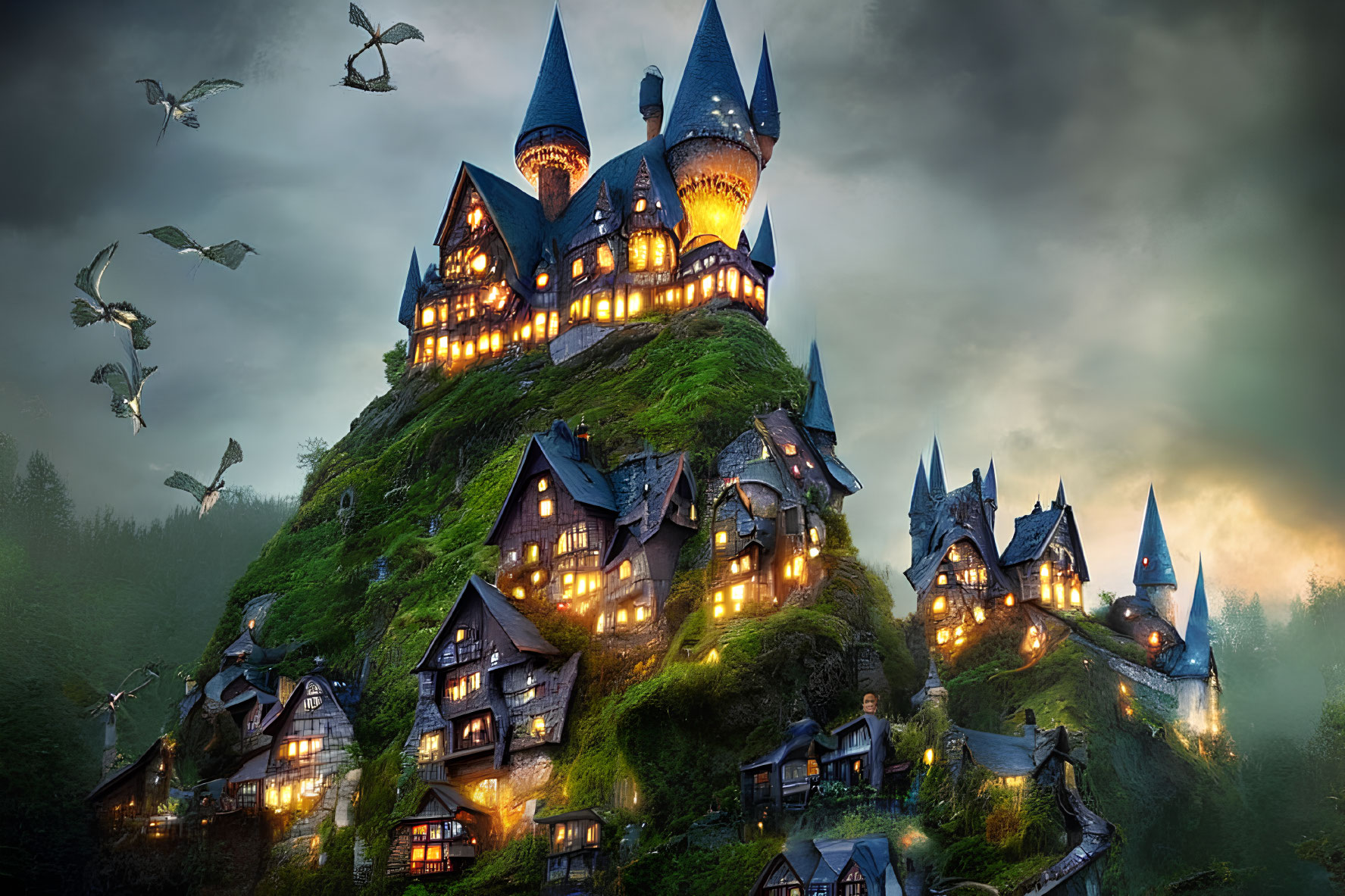 Fantasy castle on hill with birds in twilight mist