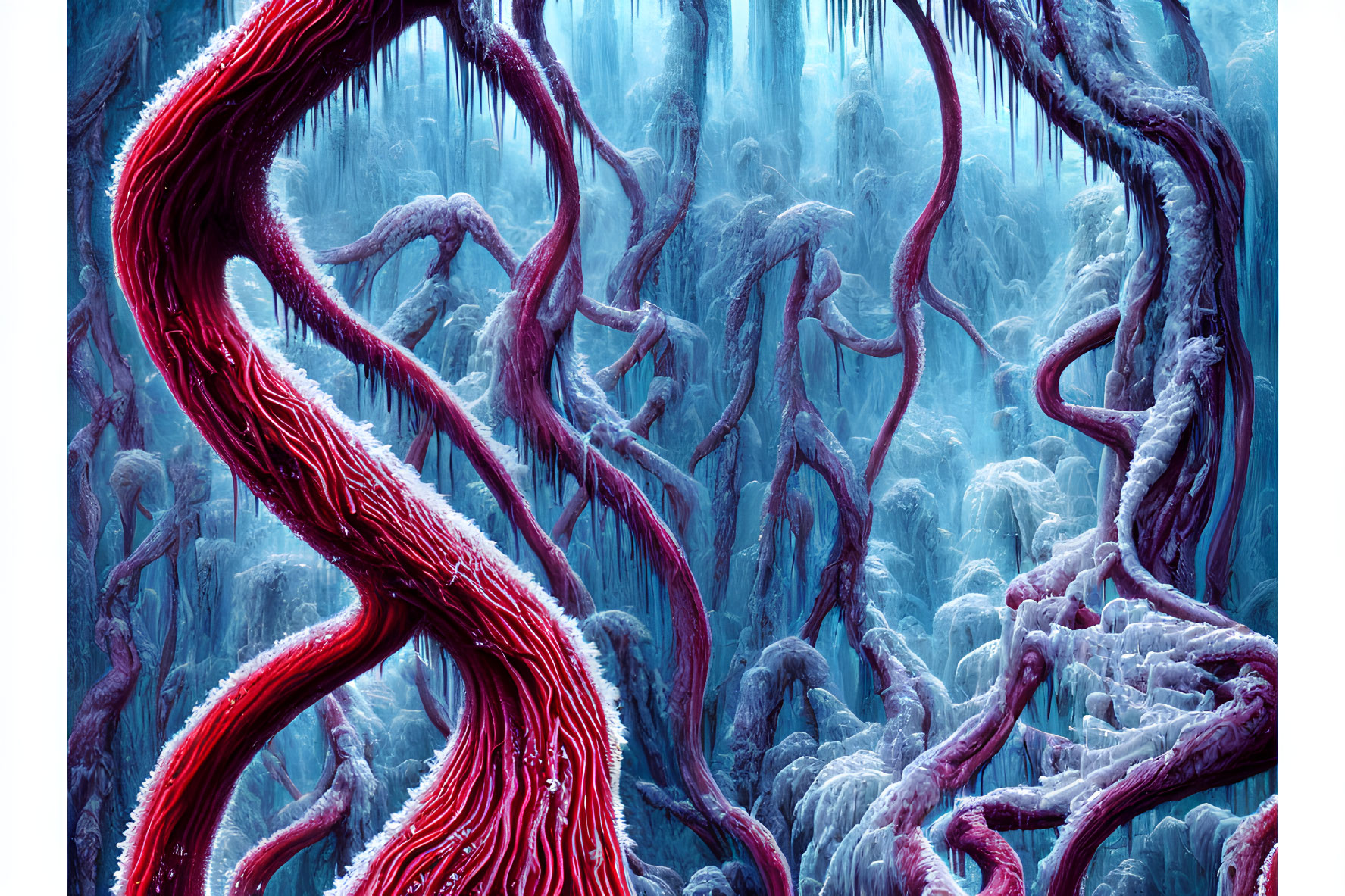 Fantastical forest with red vein-like trees in blue icy background