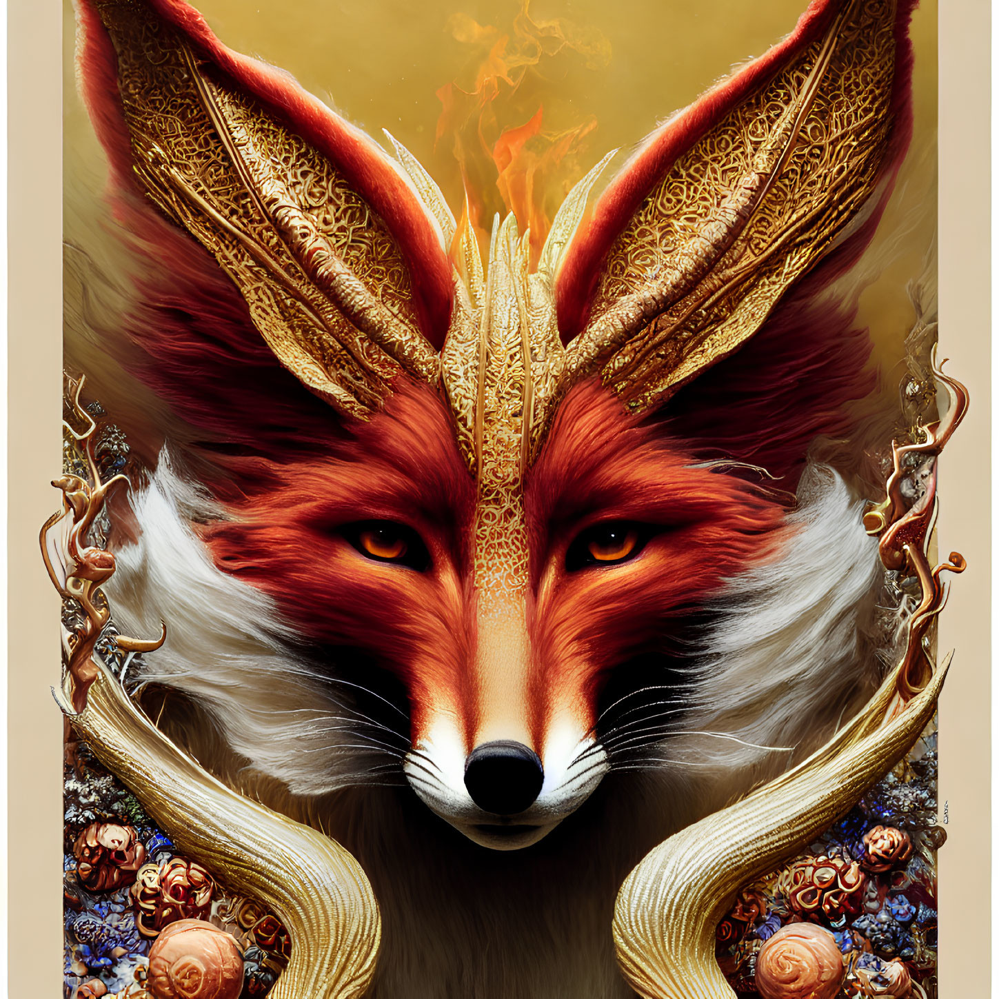 Detailed illustration of majestic fox with fiery crown and golden headpiece on beige background