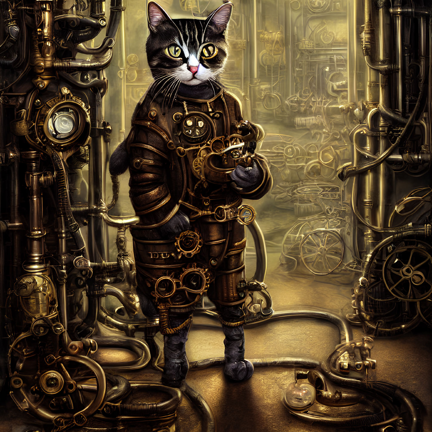 Anthropomorphic cat in detailed steampunk outfit surrounded by brass machinery