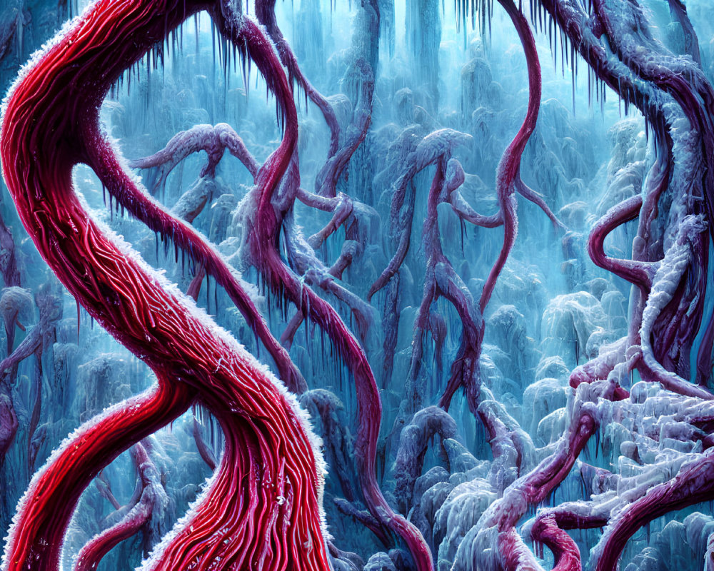 Fantastical forest with red vein-like trees in blue icy background