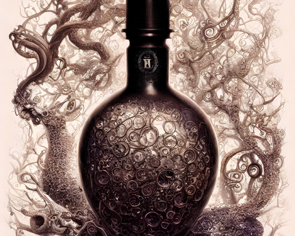 Intricately designed dark bottle with monogrammed emblem and swirling sepia pattern