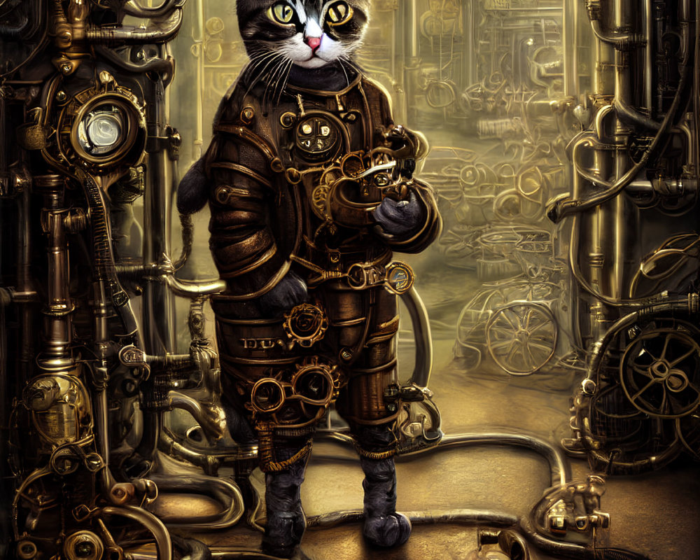 Anthropomorphic cat in detailed steampunk outfit surrounded by brass machinery