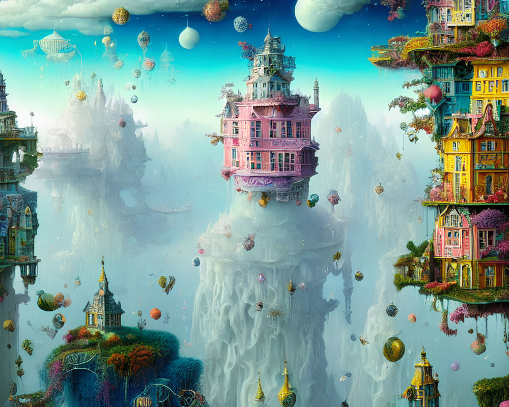 Colorful Floating Island Fantasy Landscape with Ornate Buildings