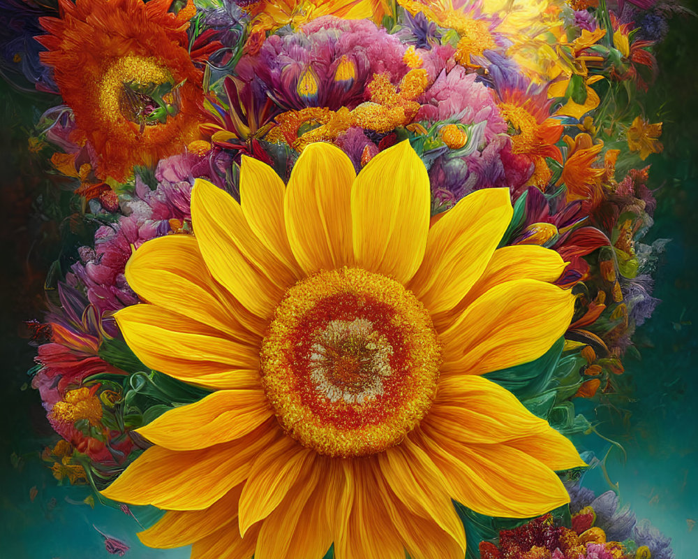 Colorful Flower Painting Featuring Large Sunflower