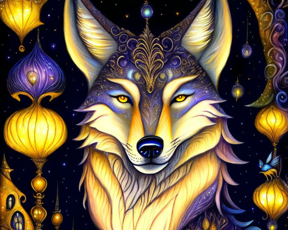 Detailed mystical wolf illustration with ornate patterns and cosmic backdrop.