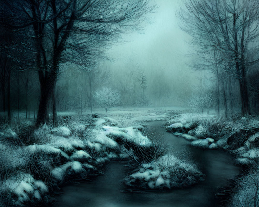 Snowy Stream in Winter Forest Landscape