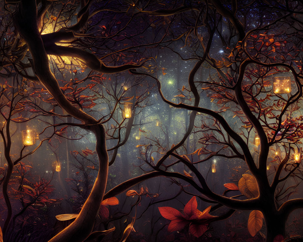 Enchanted forest at twilight with twisting trees, lanterns, flowers, and starry sky.
