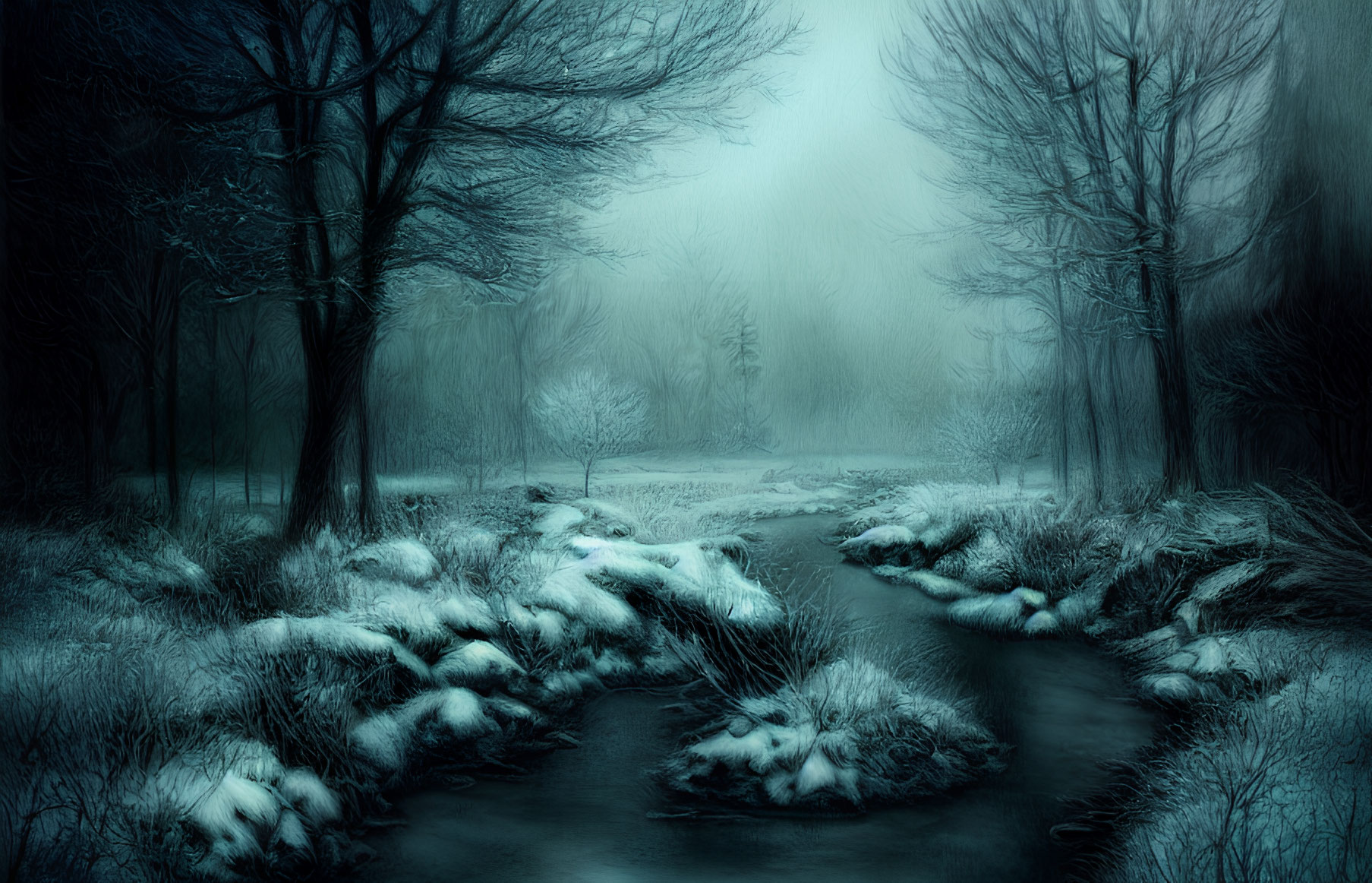 Snowy Stream in Winter Forest Landscape