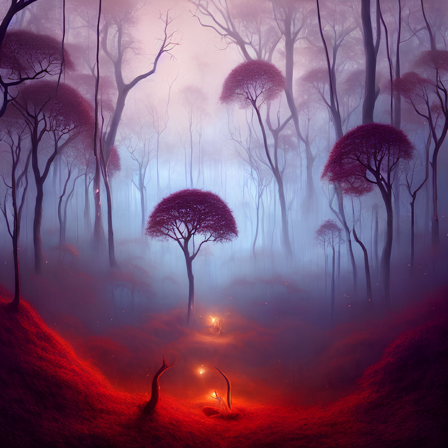 Ethereal purple and red forest with fog, bare trees, and glowing lanterns