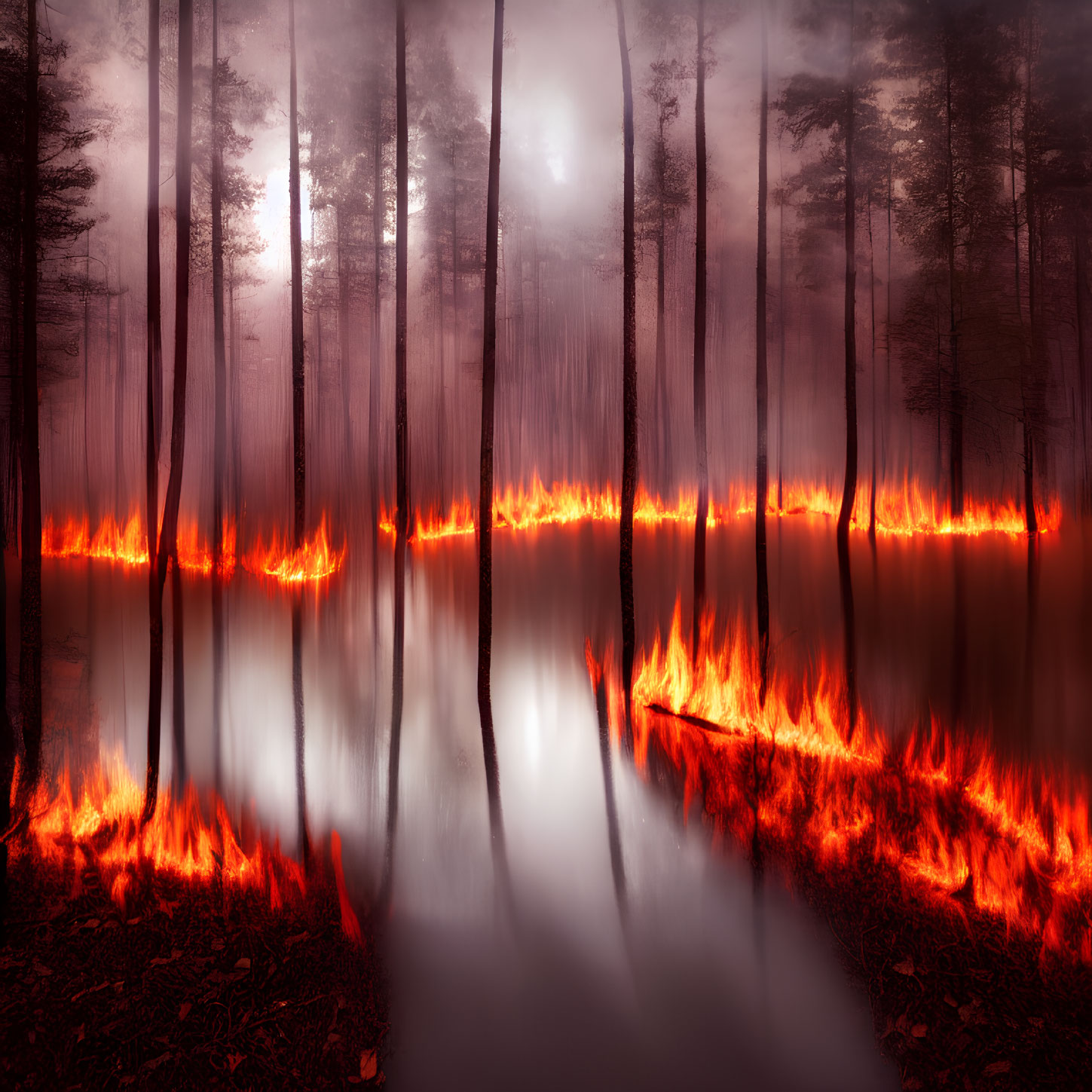 Surreal forest scene with mist, reflections, and intense fire contrast