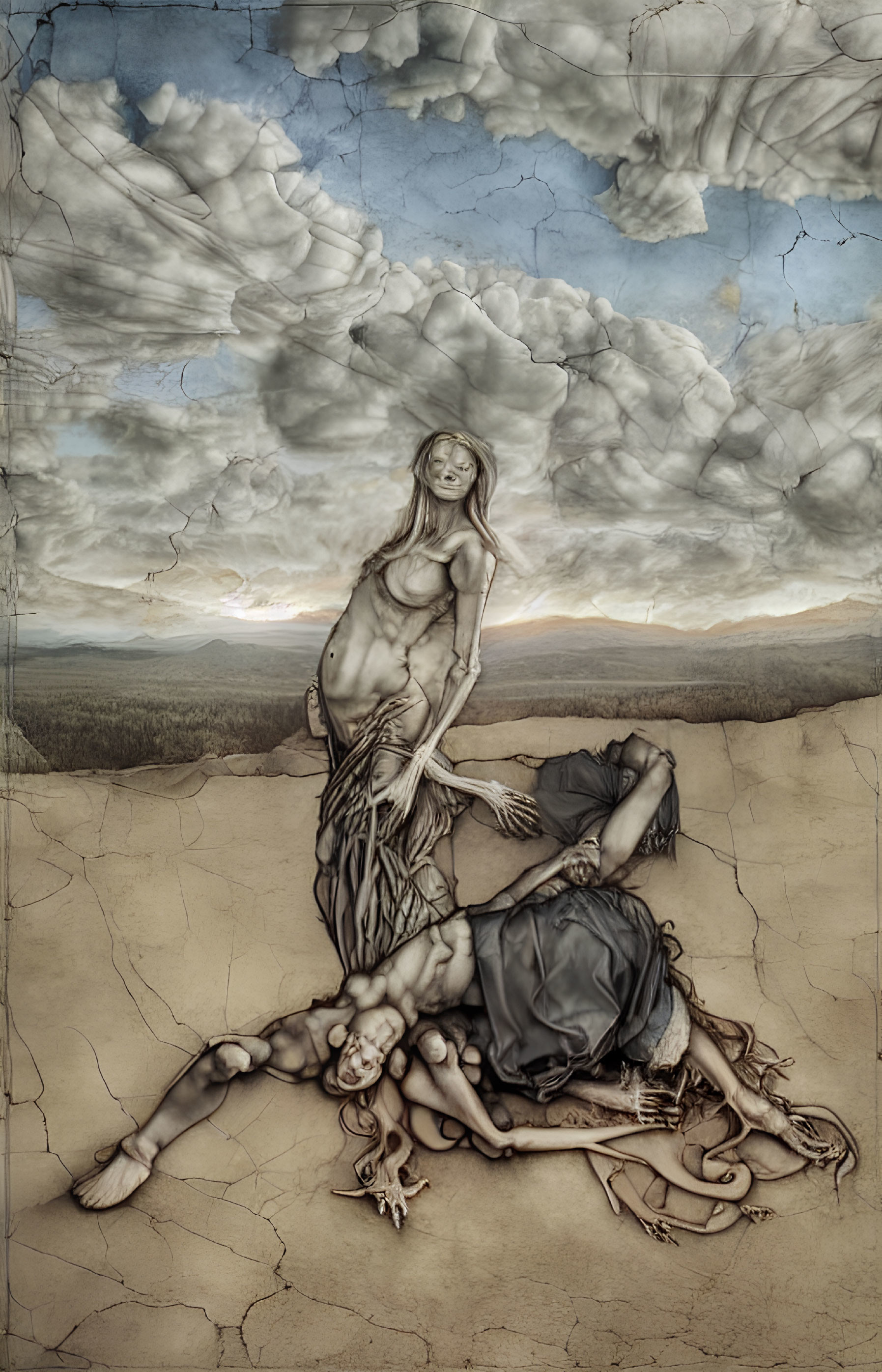 Surreal artwork of nude female figure with elongated limbs in desolate landscape