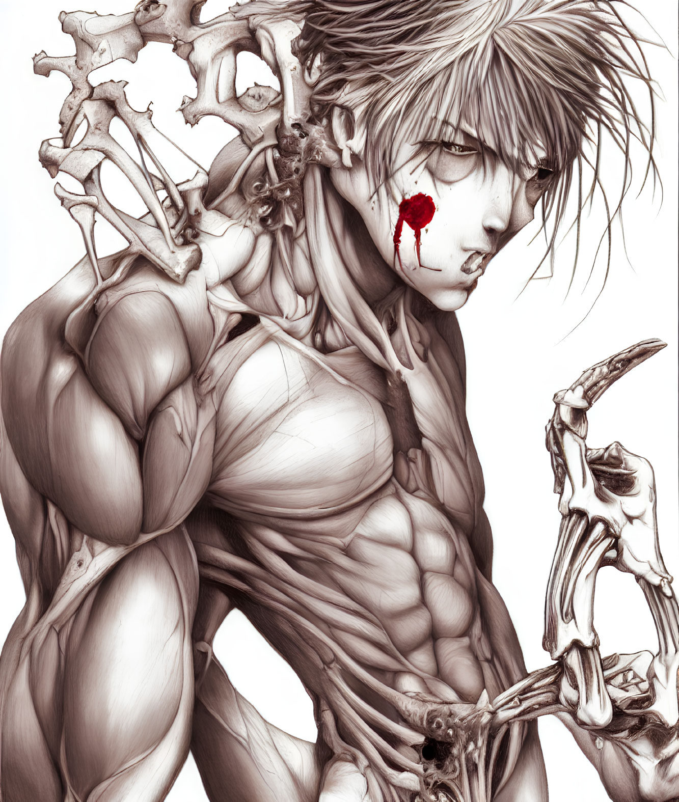 Muscular figure with exposed bones and red mark: Human anatomy artistic fusion